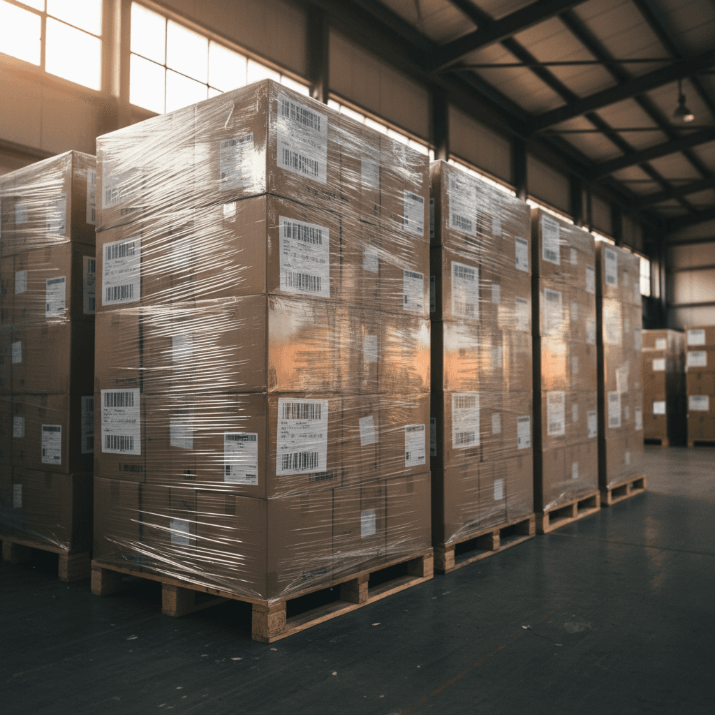 Shrink-wrapped pallets of resale inventory stacked in a warehouse