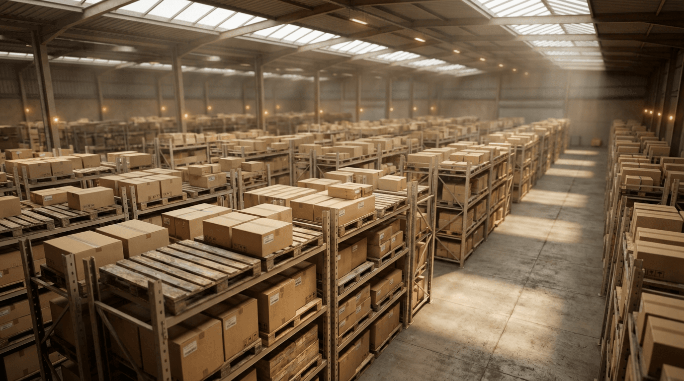 Stacked cardboard boxes on pallets in a warehouse