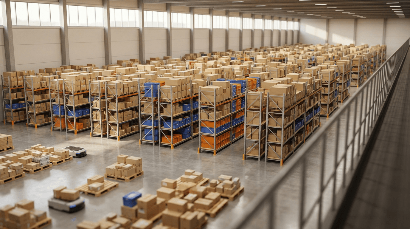 Stacked boxes in a warehouse aisle