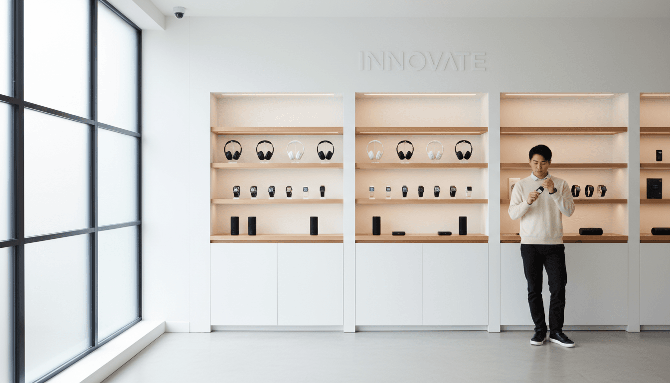 Retail shelf stocked with consumer electronics