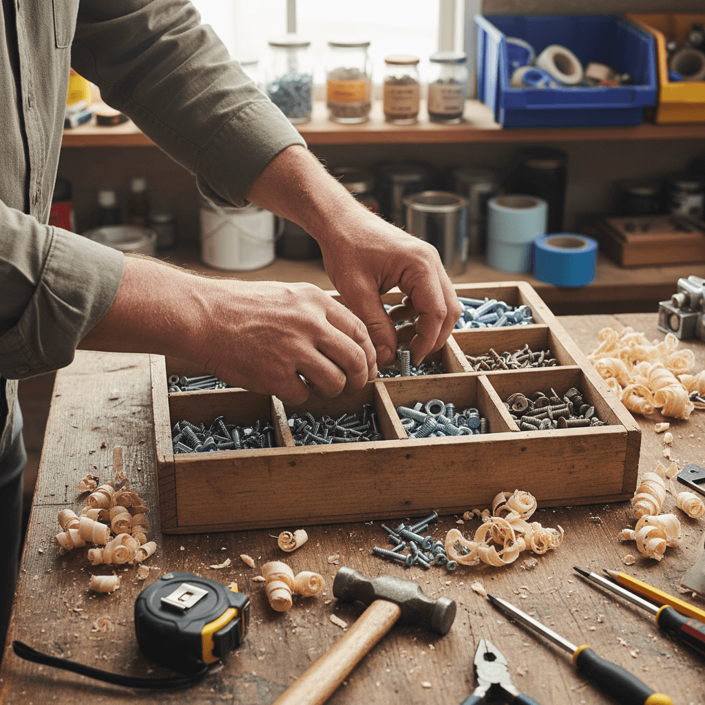 Cordless drill and hand tools on a workbench