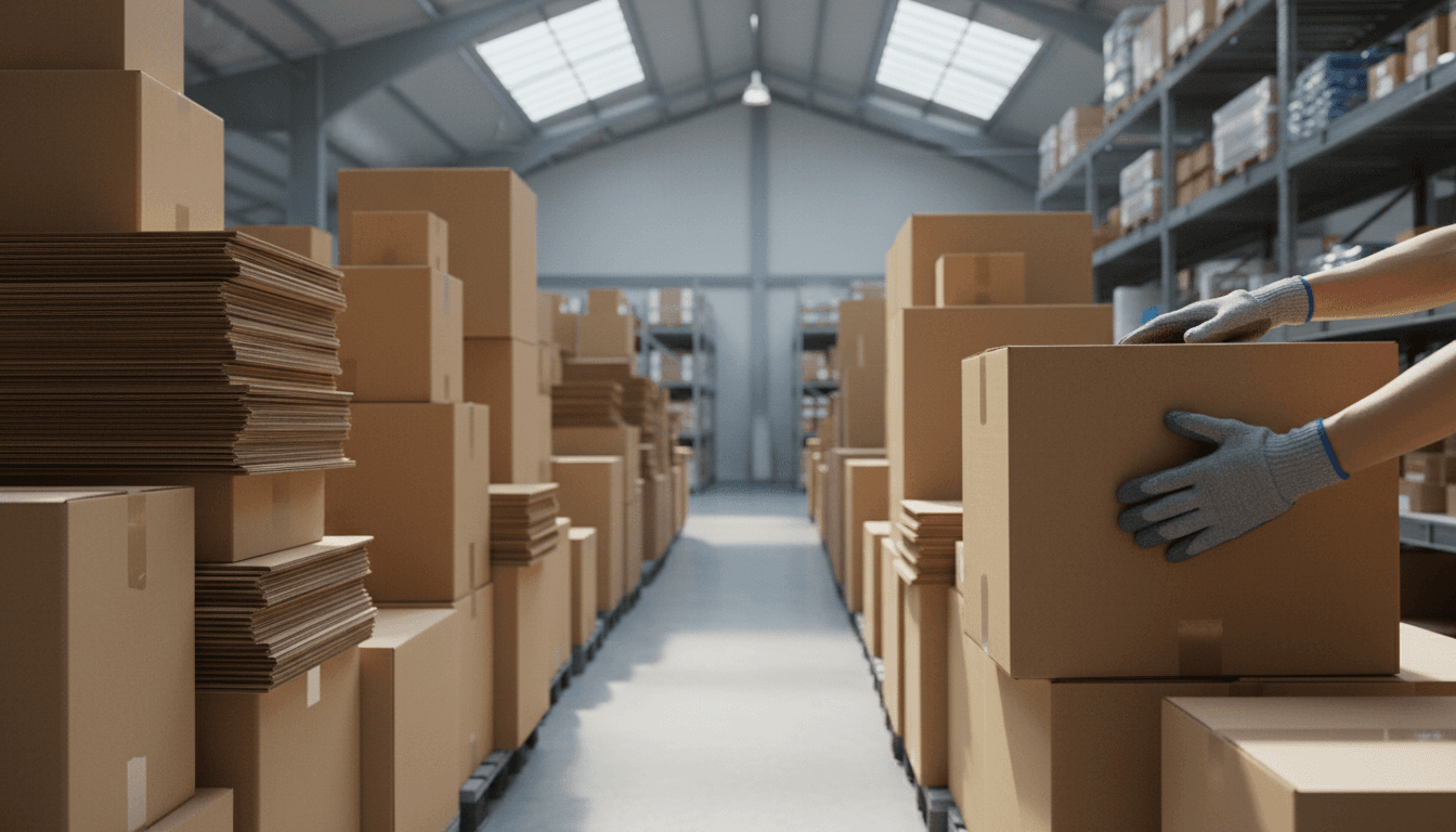 Warehouse shelves stacked with wholesale inventory boxes